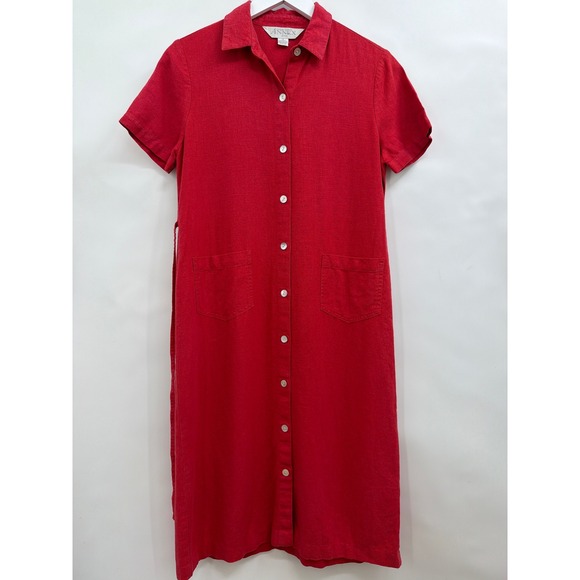 Casual Corner Annex Dresses & Skirts - Casual Corner‎ Annex Petite Red Linen Button Down Shirt Dress Short Sleeve 12P